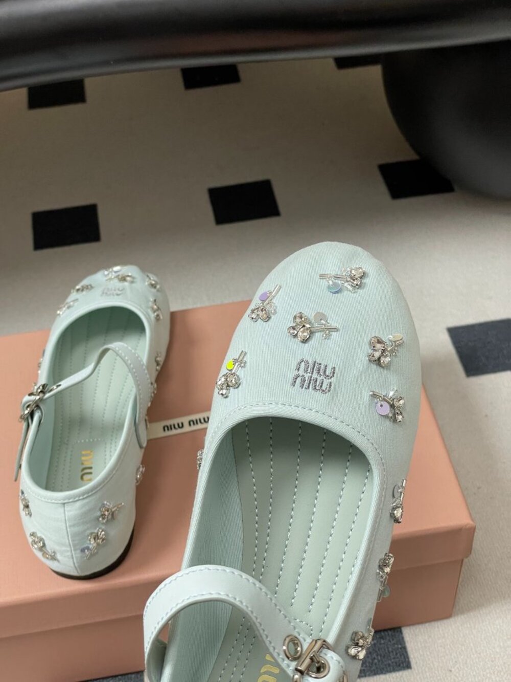 Miu Miu Light Blue Rhinestone-Embellished Mary Jane Ballet Flats - Picture 6 of 9